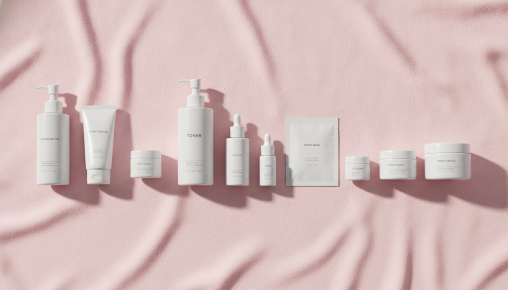 Korean skincare routine products arranged in application order