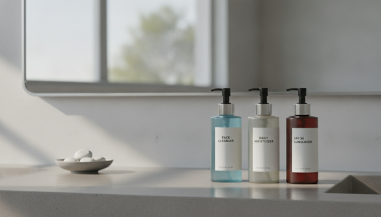 Men's Skin Care Routine essentials displayed on bathroom counter