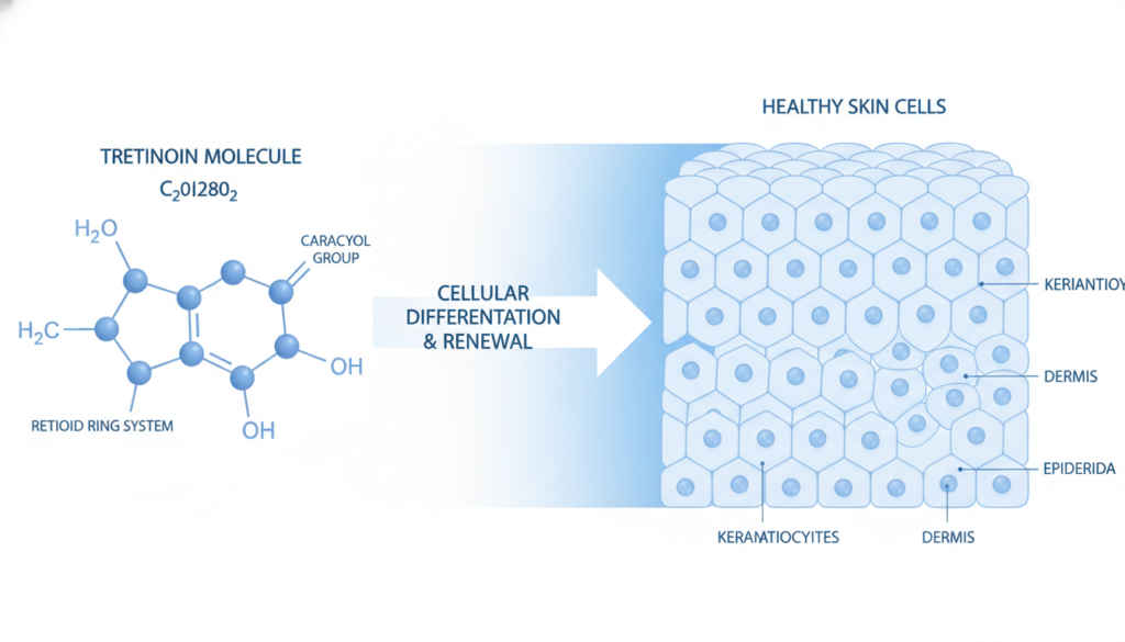 Microscopic view showing tretinoin retinoic acid molecule structure and skin cell transformation