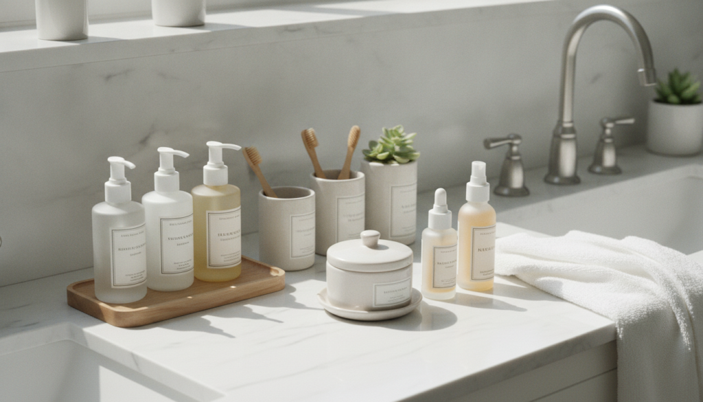 Organized bathroom vanity with consistent daily skin care routine
