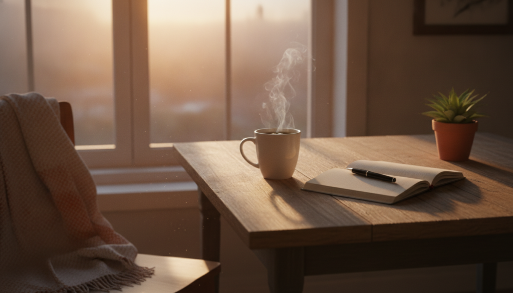 Peaceful morning scene with journal, tea, and sunrise representing a mindful morning routine Peaceful morning scene with journal, tea, and sunrise representing a mindful morning routine