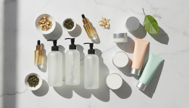 Perfect skin care routine products arranged on clean white surface