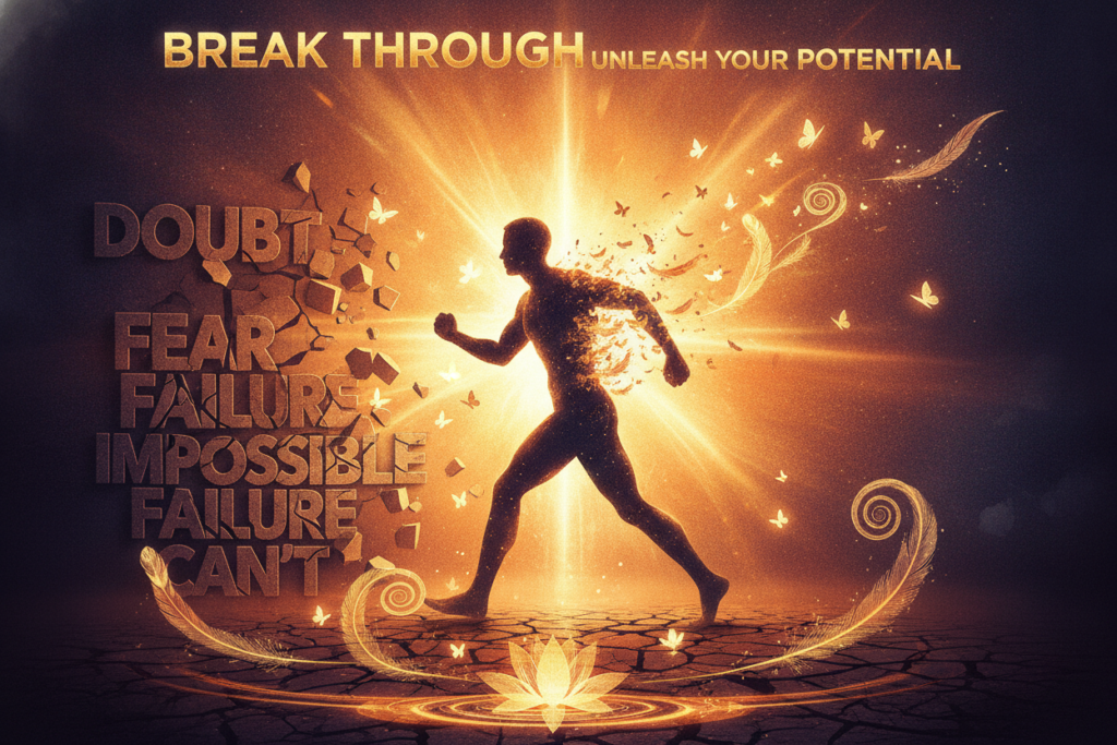 Person breaking through barriers representing mindset breakthrough and personal growth Person breaking through barriers representing mindset breakthrough and personal growth
