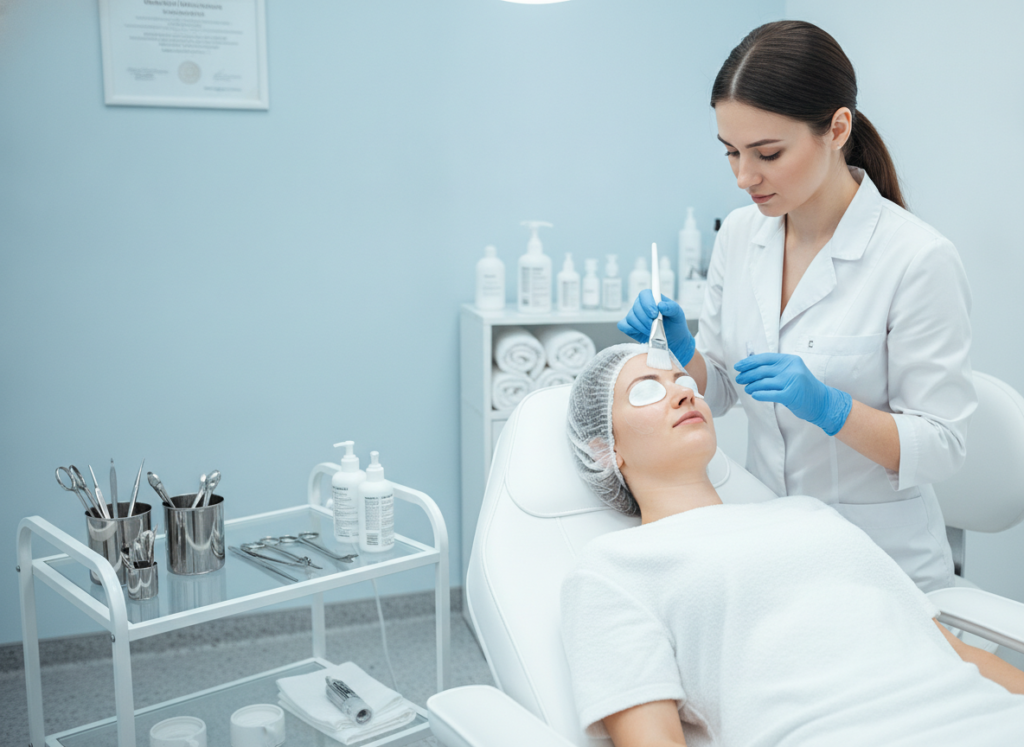 Professional chemical peel treatment at dermatology clinic