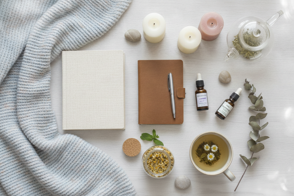 Self-care routine items arranged beautifully for mental wellness Self-care routine items arranged beautifully for mental wellness