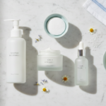 Sensitive Skin Care Routine products arranged on clean white surface