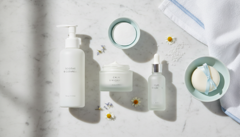 Sensitive Skin Care Routine products arranged on clean white surface