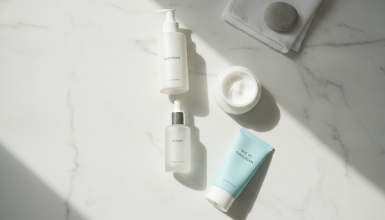 Simple Skin Care Routine essentials arranged on clean bathroom counter