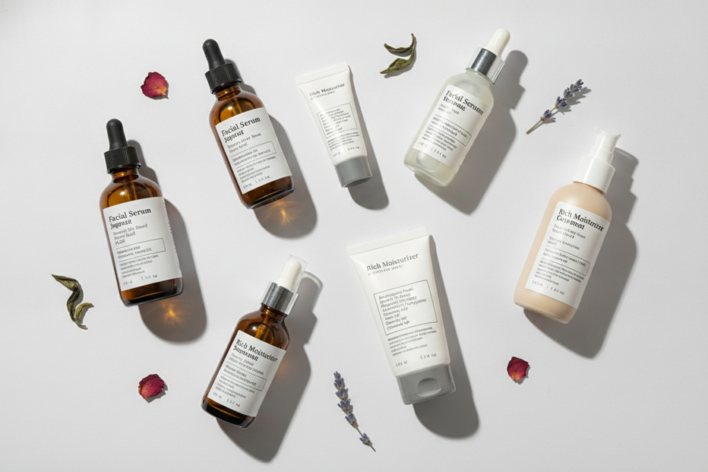 Skincare products with ingredient lists showing oils and esters to avoid with fungal acne