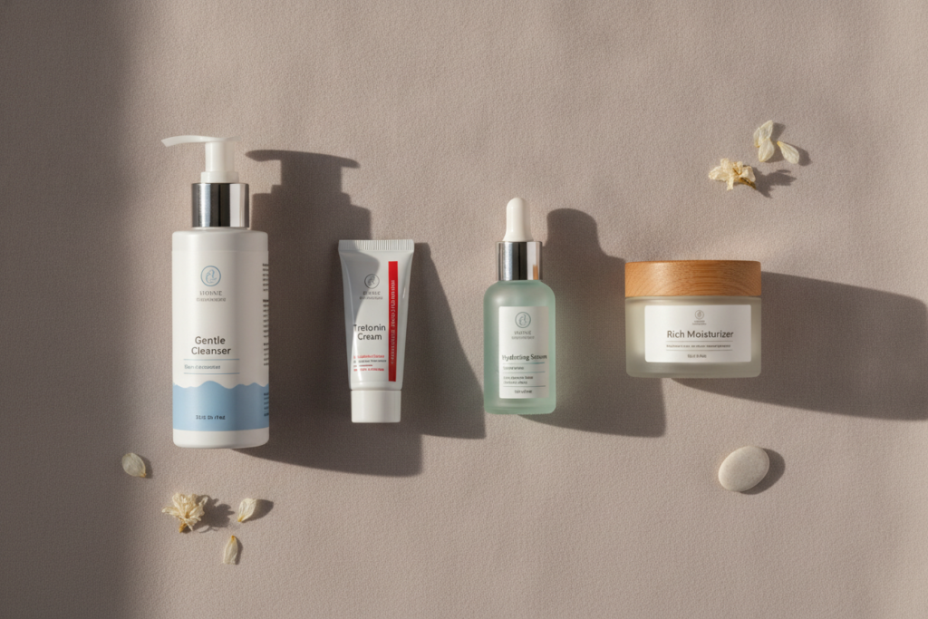 Step-by-step tretinoin skin care routine products arranged in order of application