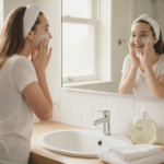 Teen applying gentle cleanser to face in bathroom mirror