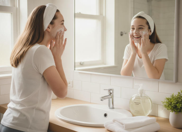 Teen applying gentle cleanser to face in bathroom mirror