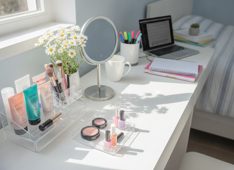Teen girl preparing back to school beauty products on vanity table