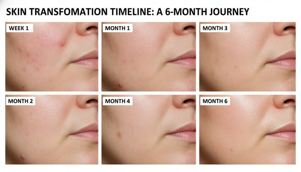 Tretinoin results timeline showing skin transformation over months