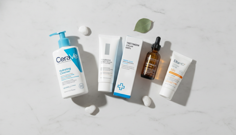 Tretinoin skin care routine setup with serum bottles and moisturizer on clean white background