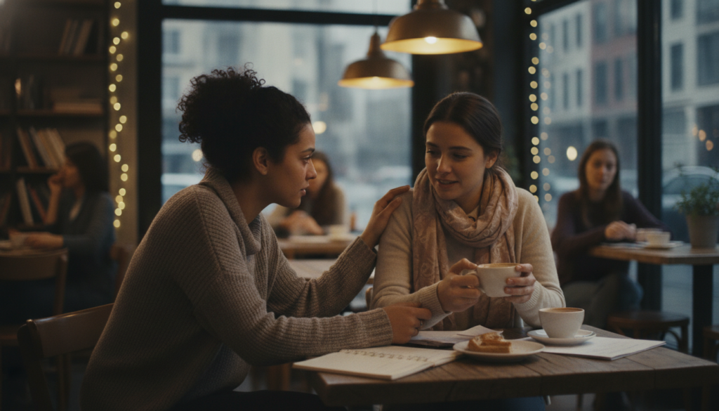 Two people having a meaningful conversation showing emotional connection Two people having a meaningful conversation showing emotional connection