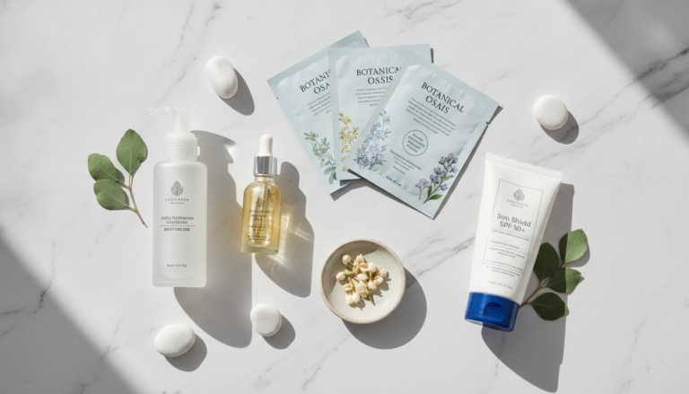 Weekly Skin Care Routine essentials laid out on clean white surface