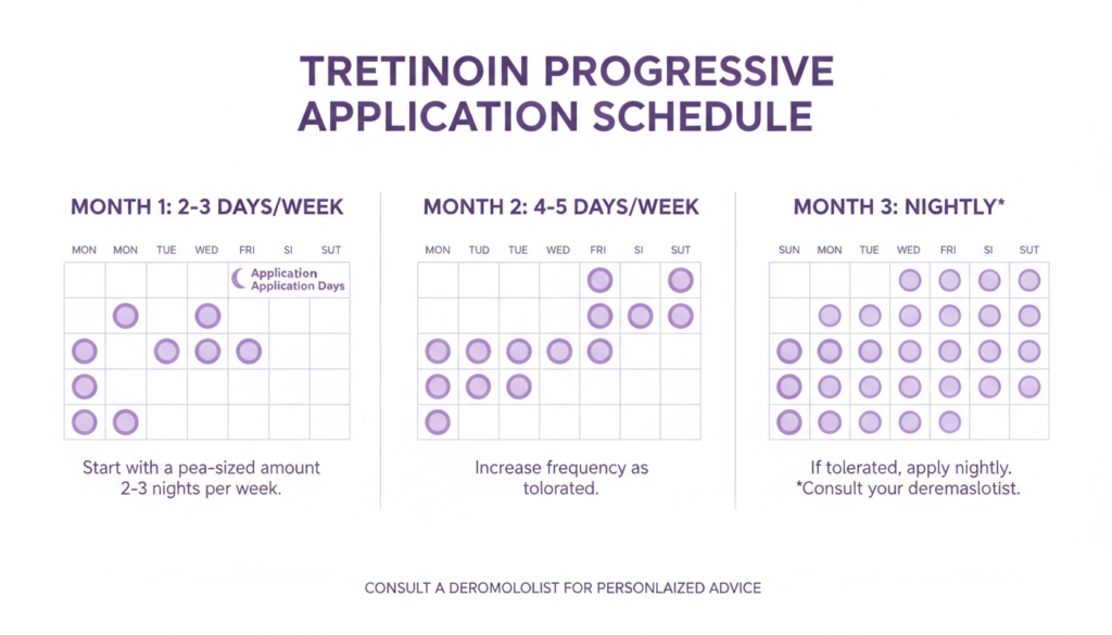 Weekly tretinoin application schedule calendar showing gradual introduction