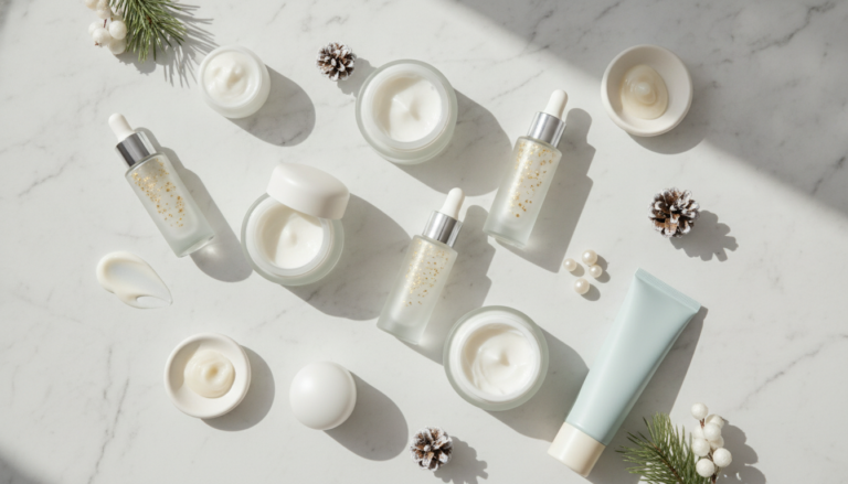 Winter Skin Care Routine essentials laid out on white background