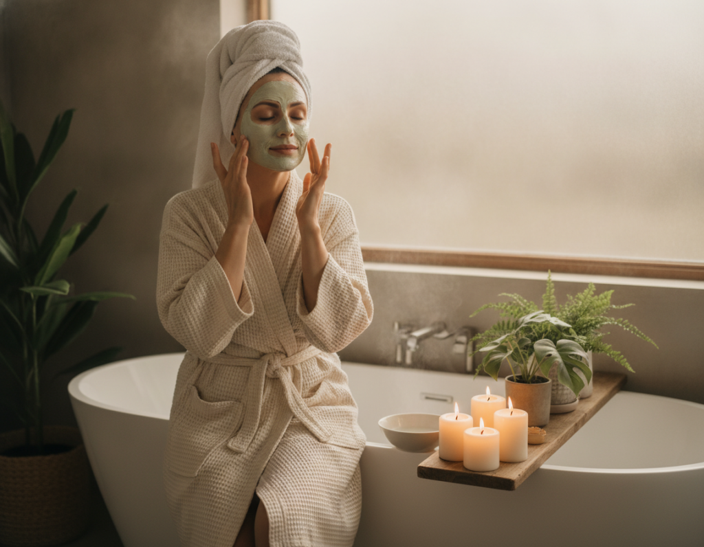 Woman applying hydrating face mask for weekly skin care treatment