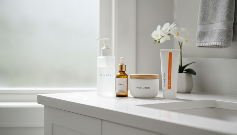 Woman applying morning and night skin care routine products on bathroom counter