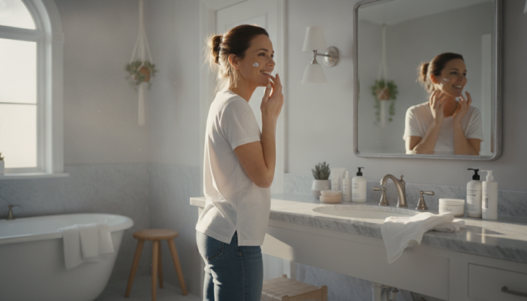 Woman applying skin care routine at home in bathroom mirror with natural lighting