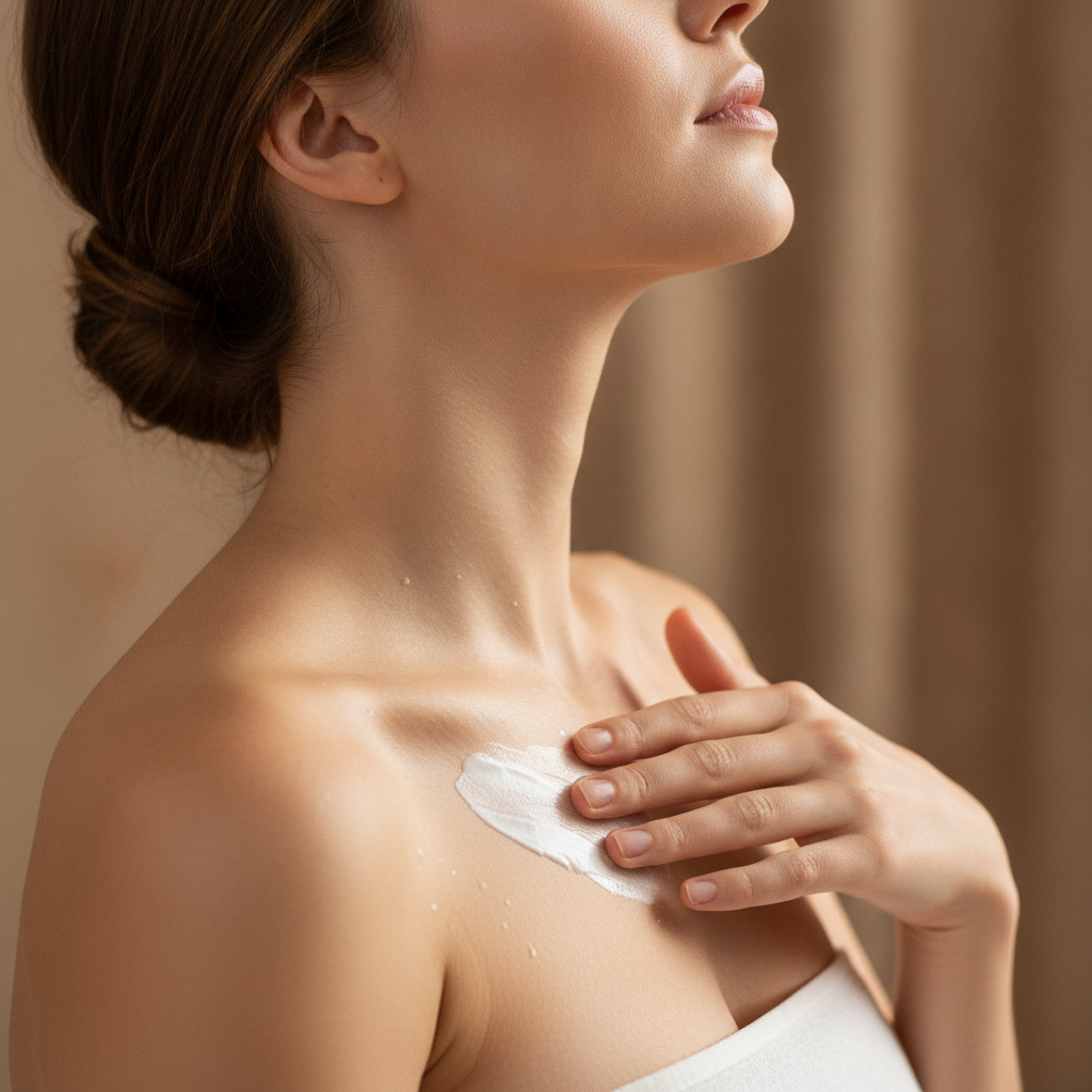 Woman applying skin care to neck and décolletage area