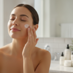 Woman applying skincare product to her face in natural morning light