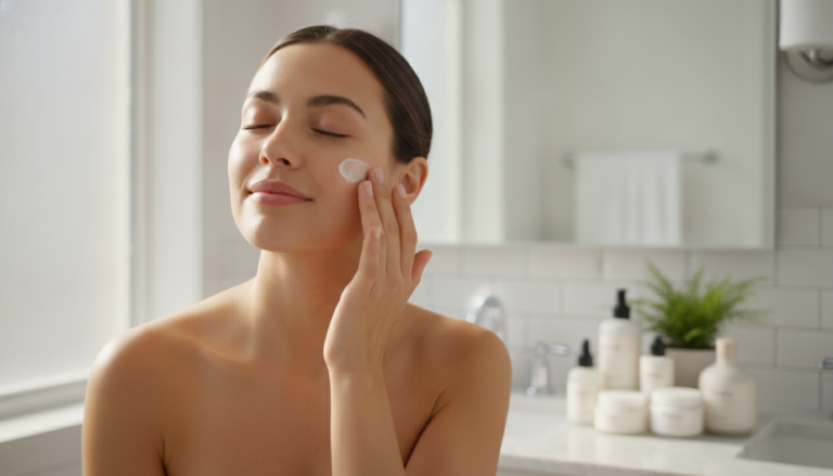 Woman applying skincare product to her face in natural morning light