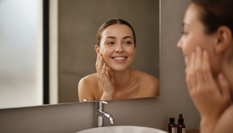 Woman examining clear healthy skin in mirror after following fungal acne skin care routine