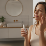 Woman in her 30s applying skin care routine products