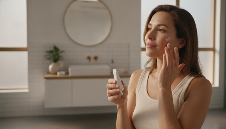 Woman in her 30s applying skin care routine products