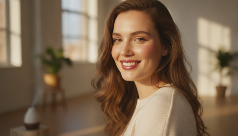 Woman looking confident and radiant with glowing skin showing glow up tips transformation