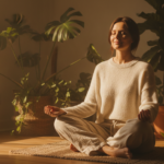 Woman meditating peacefully in a serene morning environment representing mental wellness and inner peace