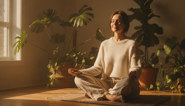 Woman meditating peacefully in a serene morning environment representing mental wellness and inner peace