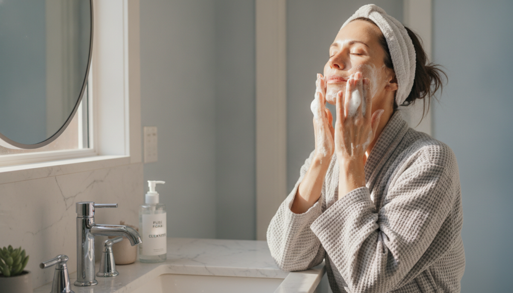 Woman washing face with gentle cleanser in morning routine