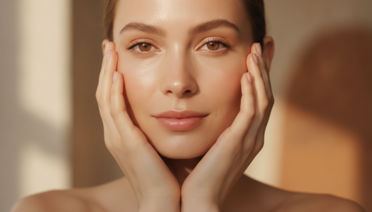 Woman with glowing radiant skin touching her face gently showing healthy complexion