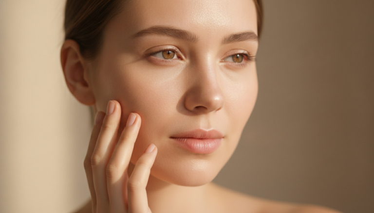 Woman with glowing radiant skin touching her face in natural light