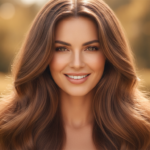 Woman with shiny, healthy, voluminous hair in natural light showcasing hair transformation results