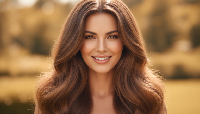 Woman with shiny, healthy, voluminous hair in natural light showcasing hair transformation results