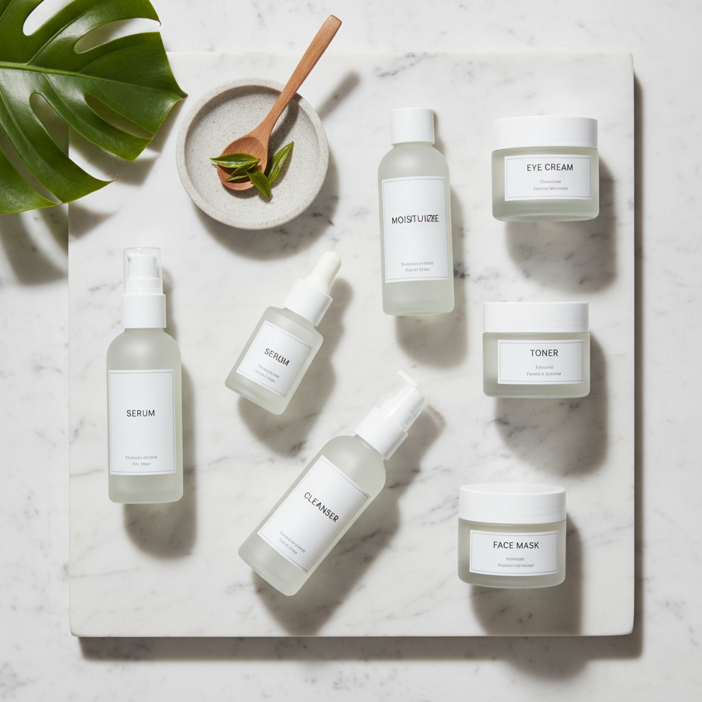 acne scar skin care routine products with active ingredients displayed