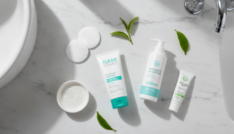 affordable skin care routine for acne products arranged on bathroom counter