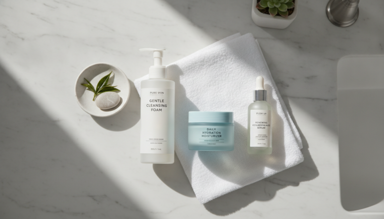 affordable skin care routine products arranged on bathroom counter