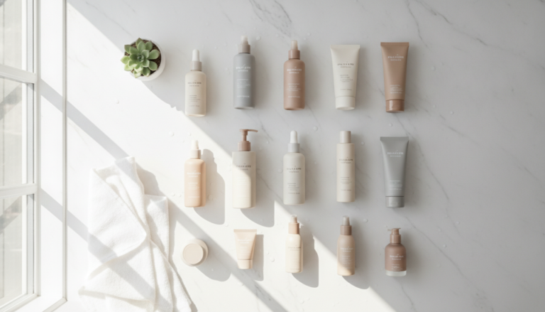 affordable skincare products arranged on bathroom counter