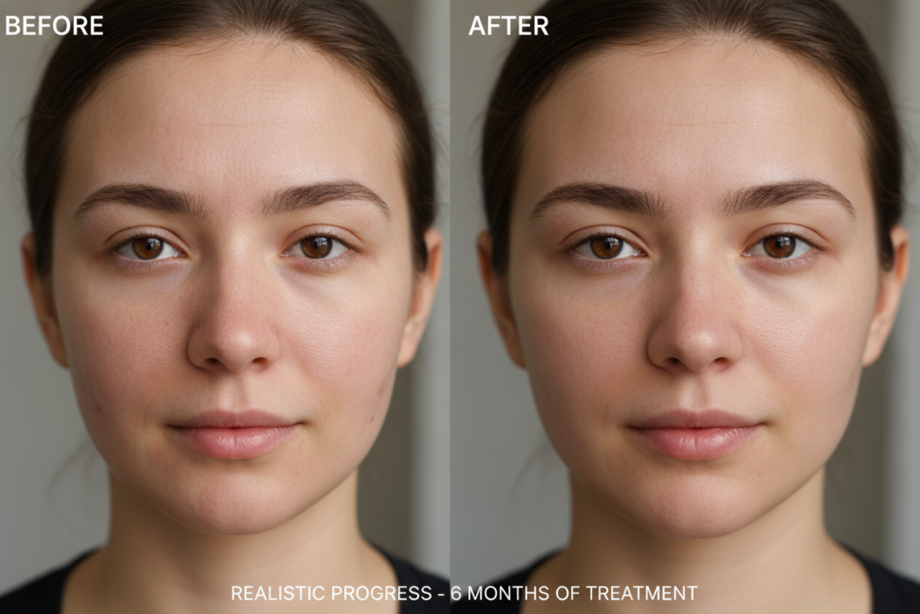 before and after comparison showing acne scar improvement over time