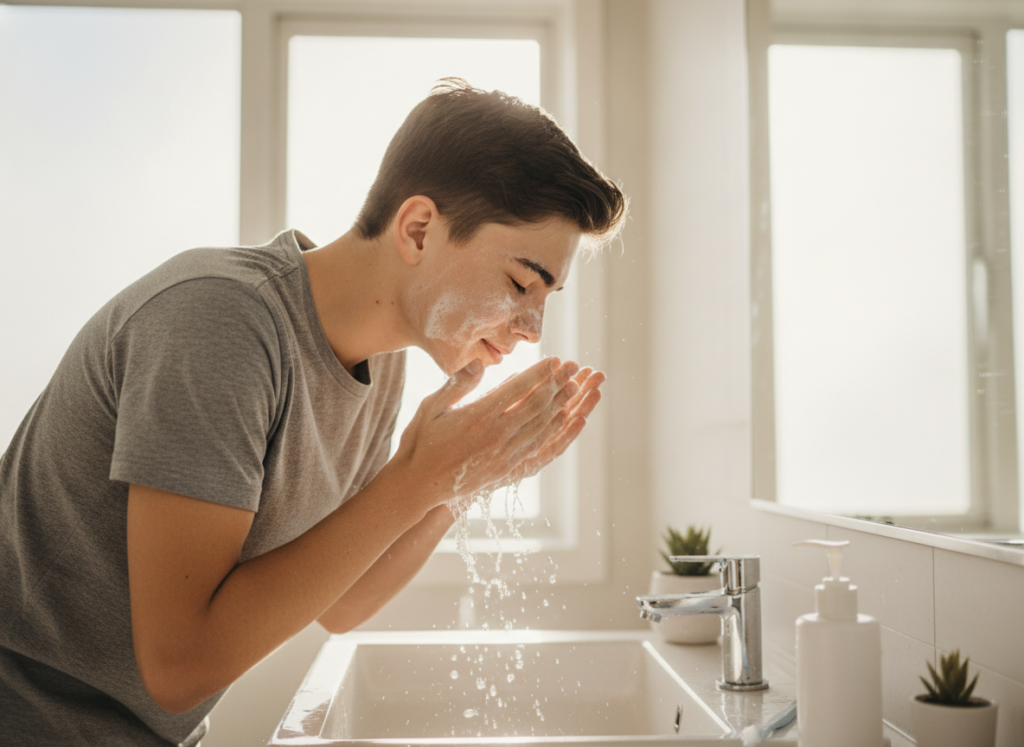 boy washing face with cleanser in bathroom