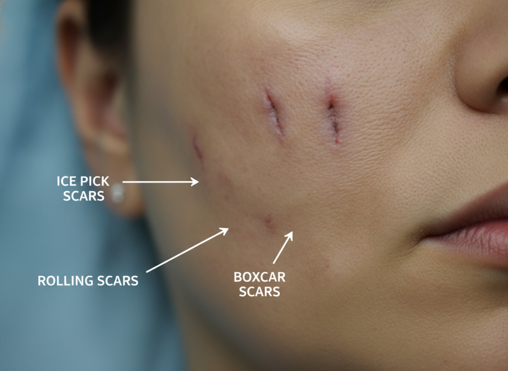 close-up comparison showing different types of acne scars on skin