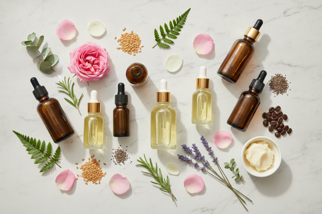 collection of natural plant oils in glass bottles