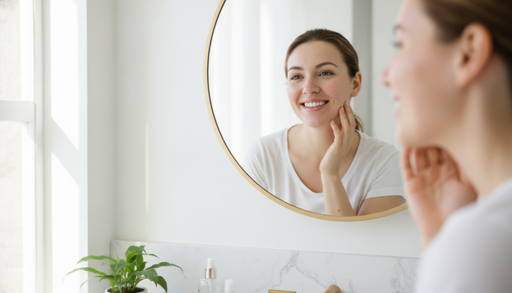 confident person with improved skin looking in mirror