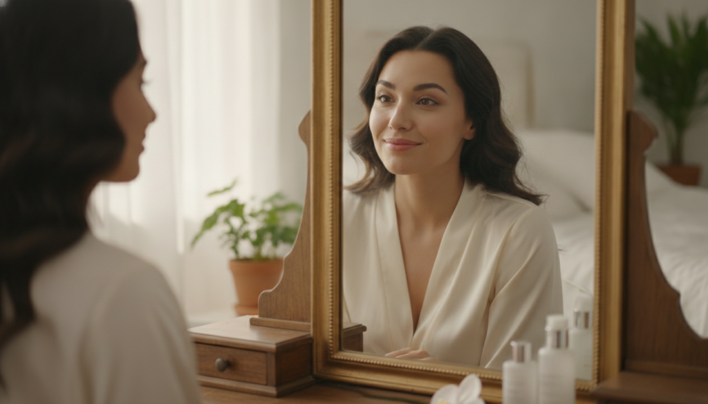confident woman with clear smooth skin looking in mirror confident woman with clear smooth skin looking in mirror